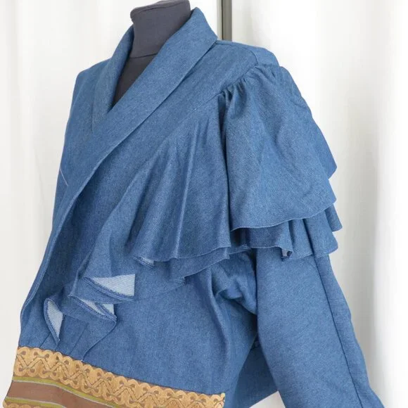 Handmade One of a Kind Denim Asymmetric Handpainted Ruffle Jacket Sz S-L - Picture 4 of 6